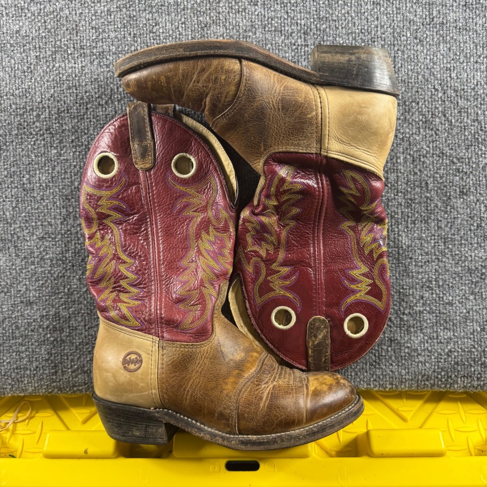 Double-H DH5105 Mens 9 W Western Cowboy Boots Tan Burgundy Leather Made in USA